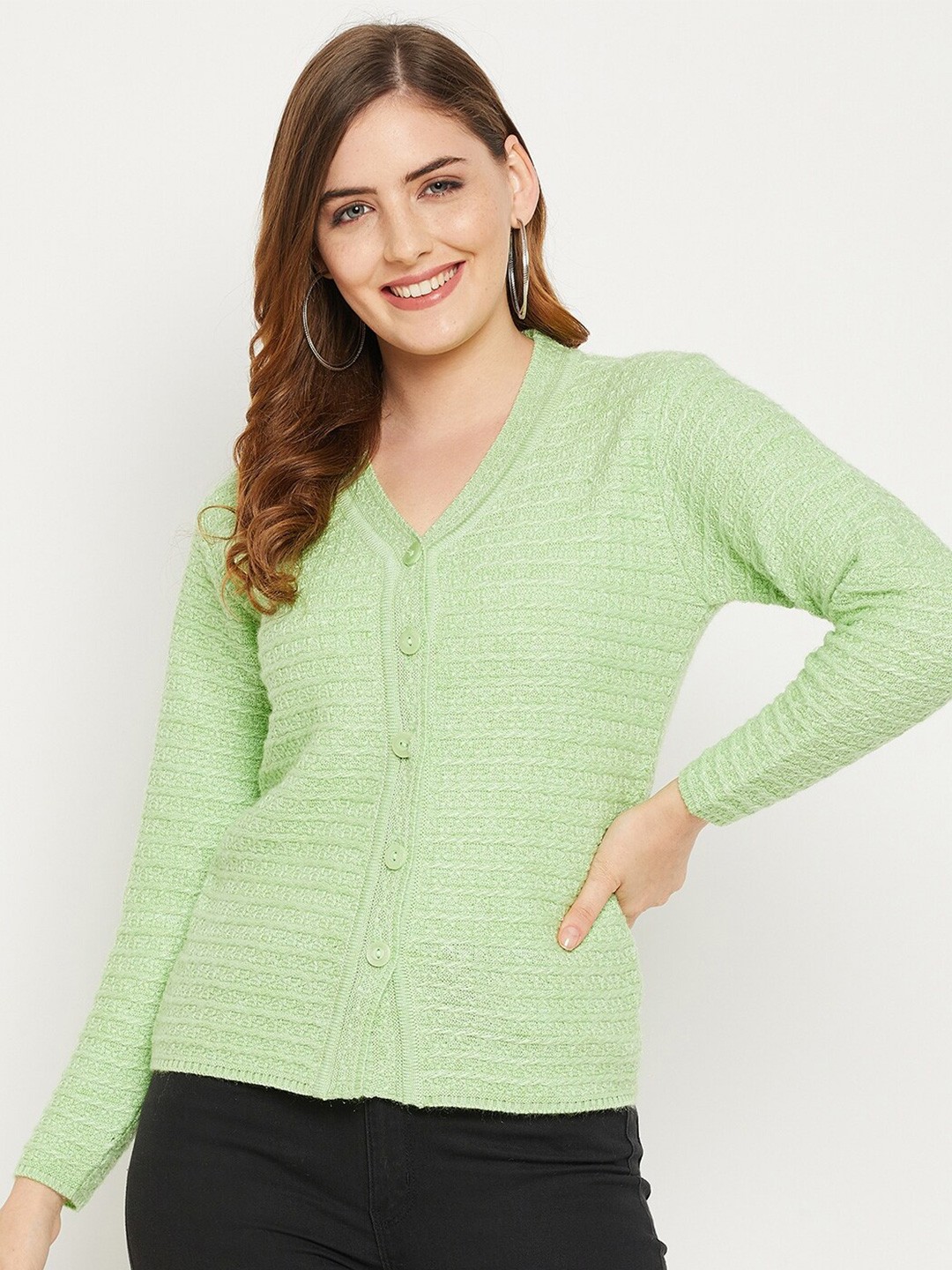

Zigo Women Green Self Design Cable Knit Wool Cardigan Sweater
