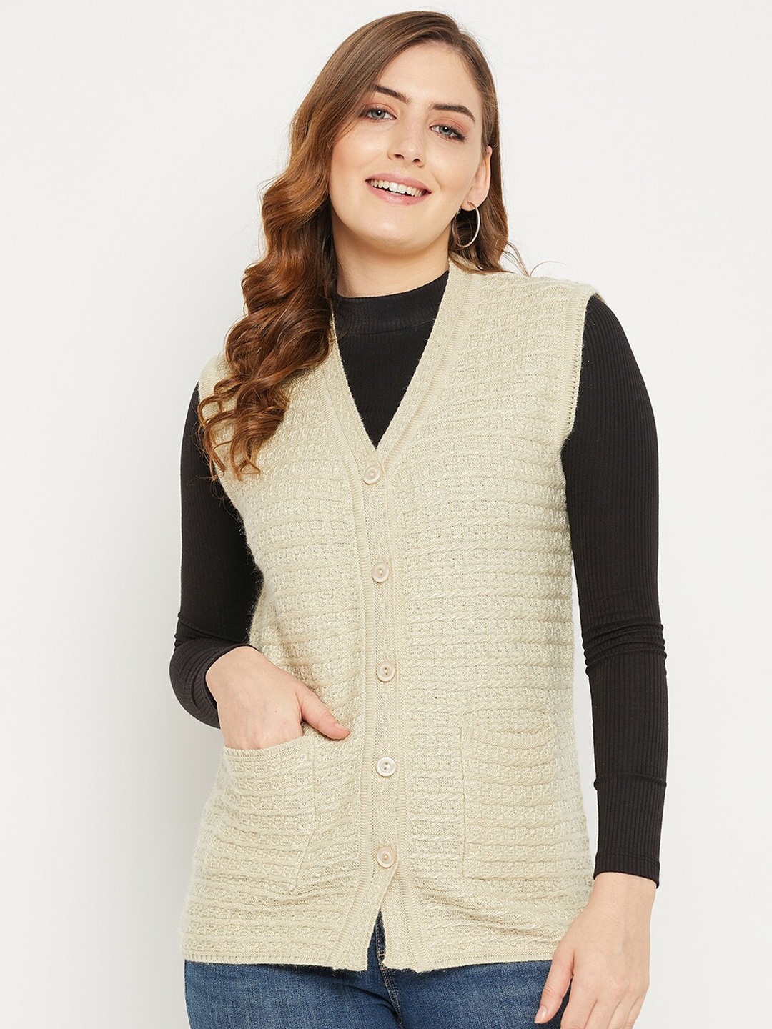 

Zigo Women Beige Self Design Cable Knit Wool Cardigan Sweater