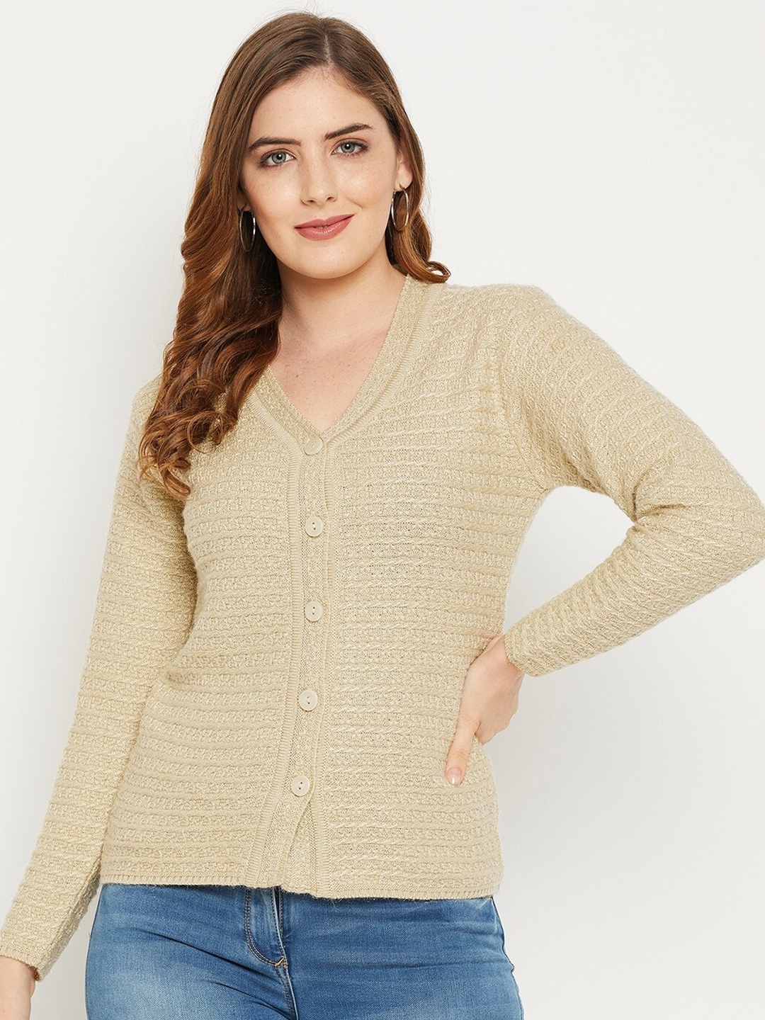 

Zigo Women Beige Self Design Cable Knit Wool Cardigan Sweater