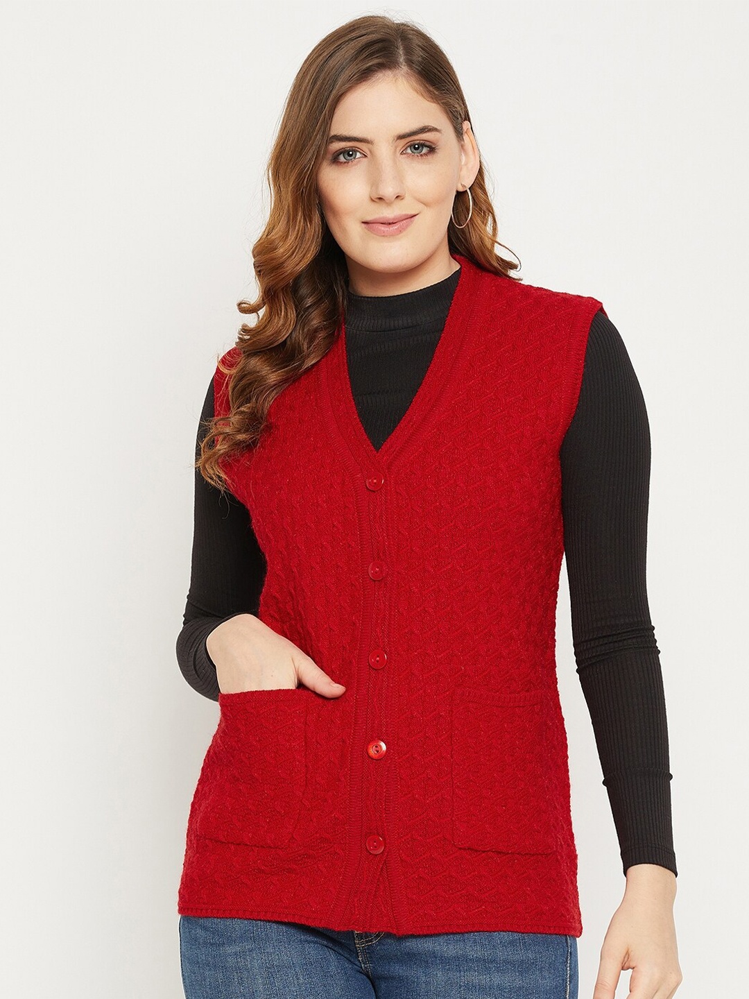 

Zigo Women Red Self Design Cable Knit Wool Cardigan Sweater
