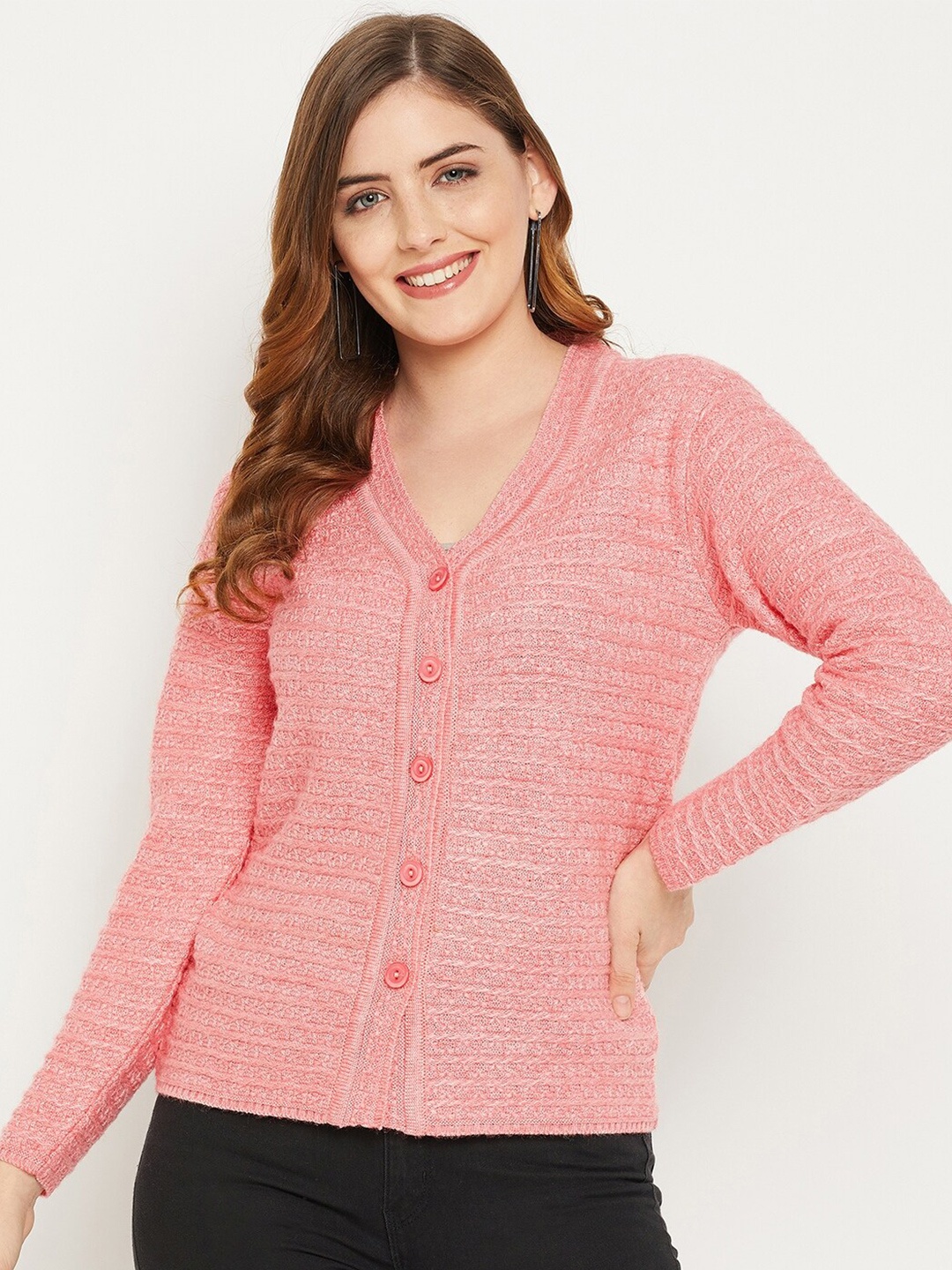 

Zigo Women Peach-Coloured Self Design Cable Knit Wool Cardigan Sweater