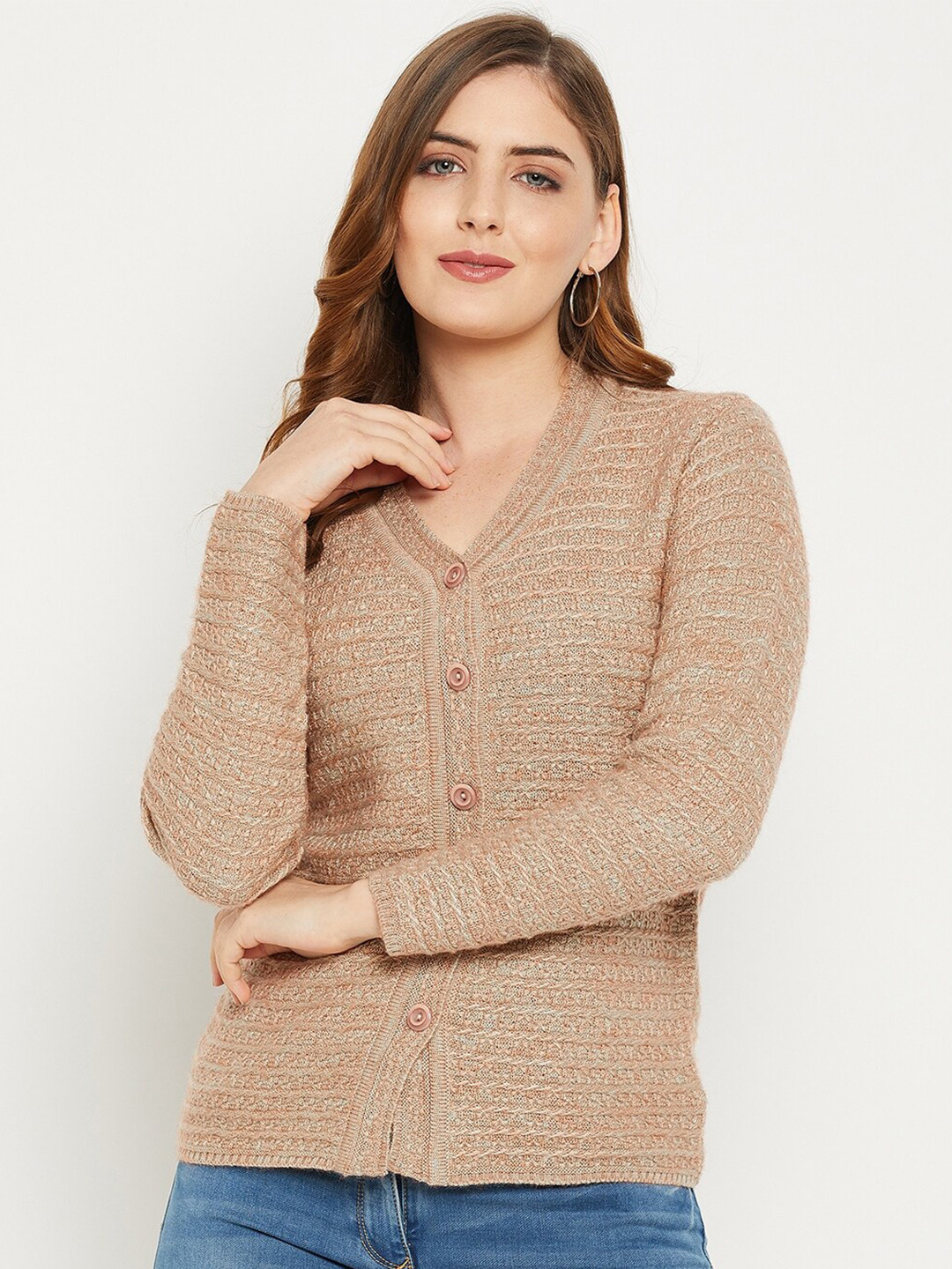 

Zigo Women Mauve Self Design Cable Knit Wool Cardigan Sweater