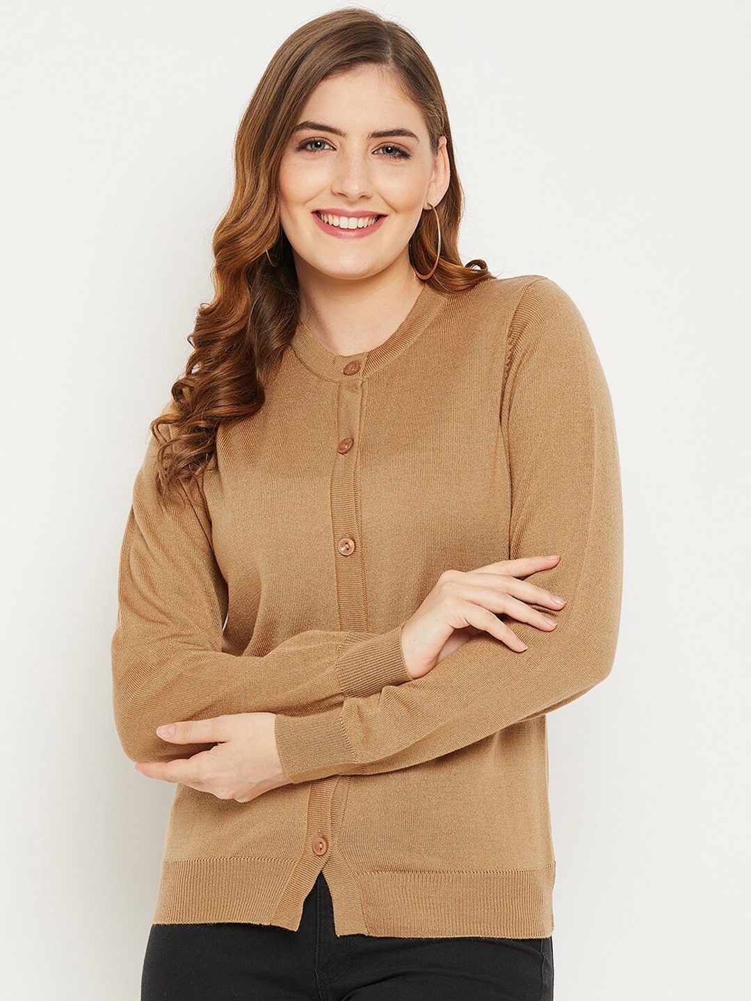 

Zigo Women Camel Brown Solid Wool Cardigan Sweater