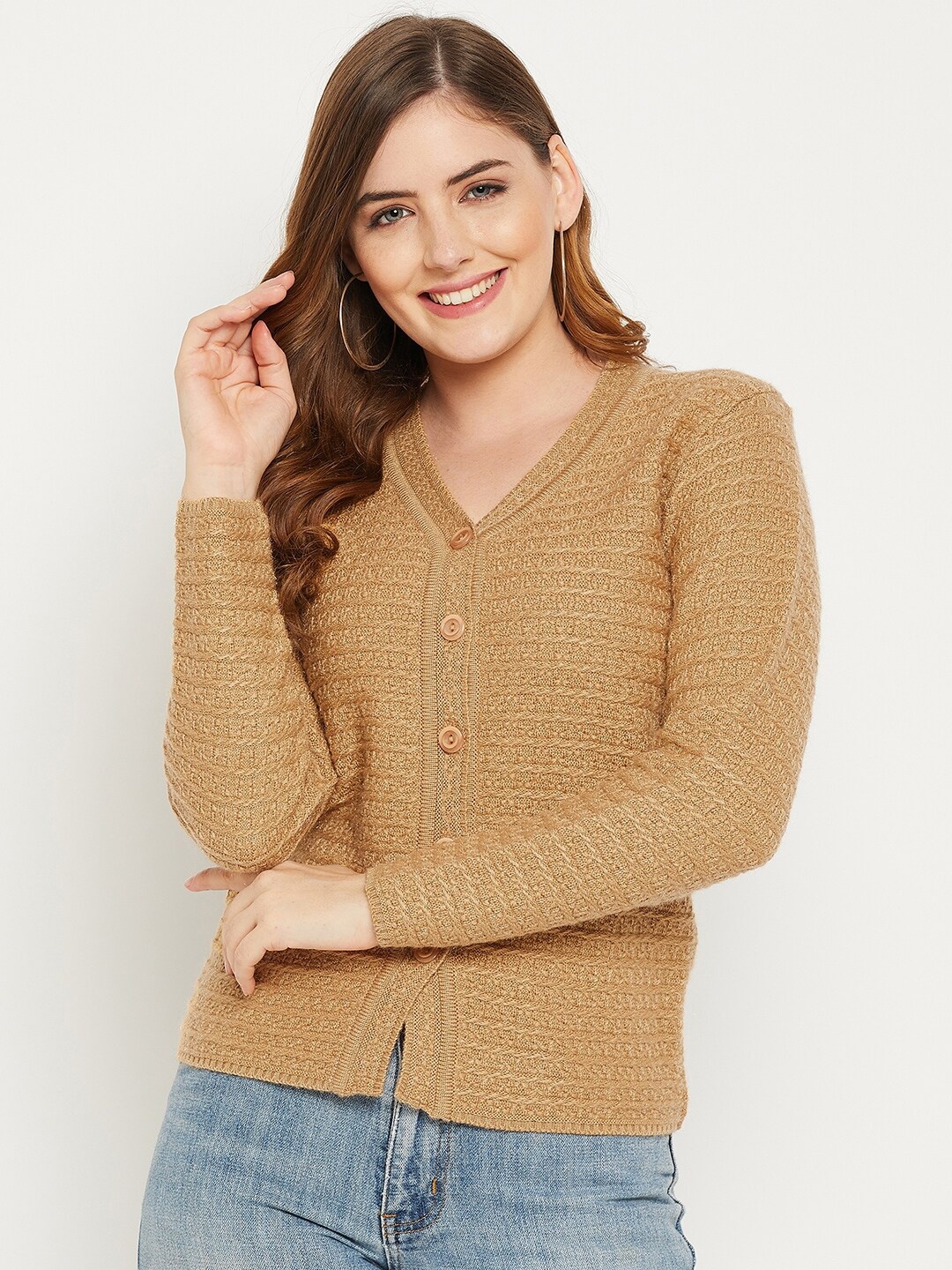 

Zigo Women Camel Brown Self Design Cable Knit Wool Cardigan Sweater