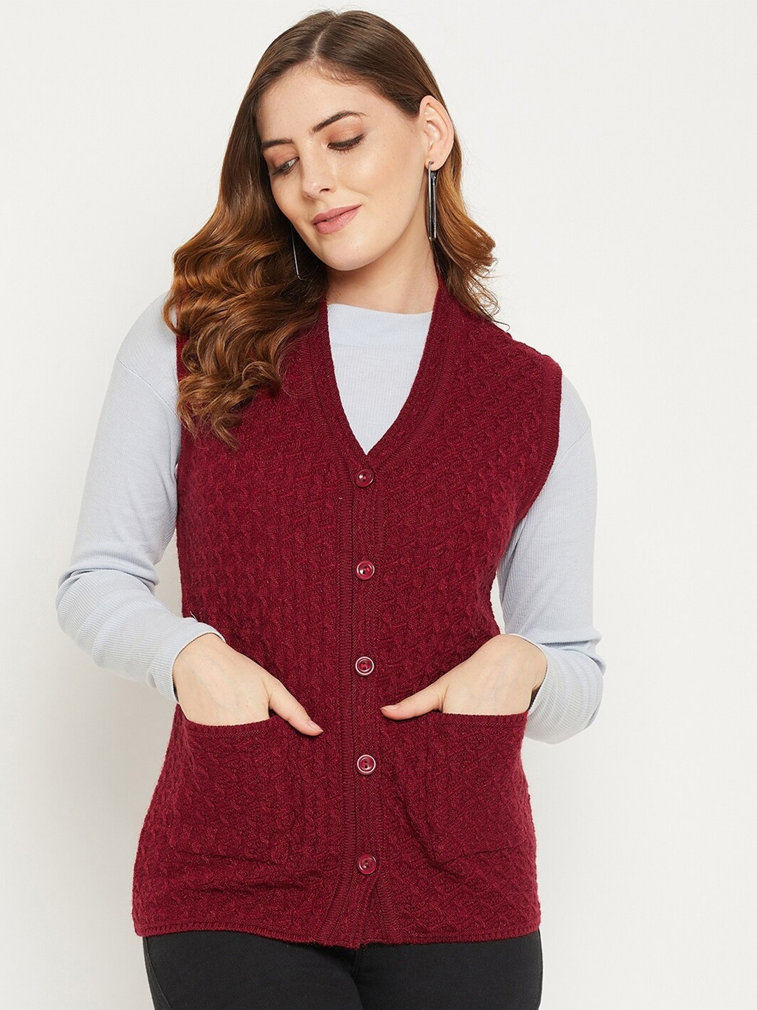 

Zigo Women Maroon Self Design Cable Knit Wool Cardigan Sweater