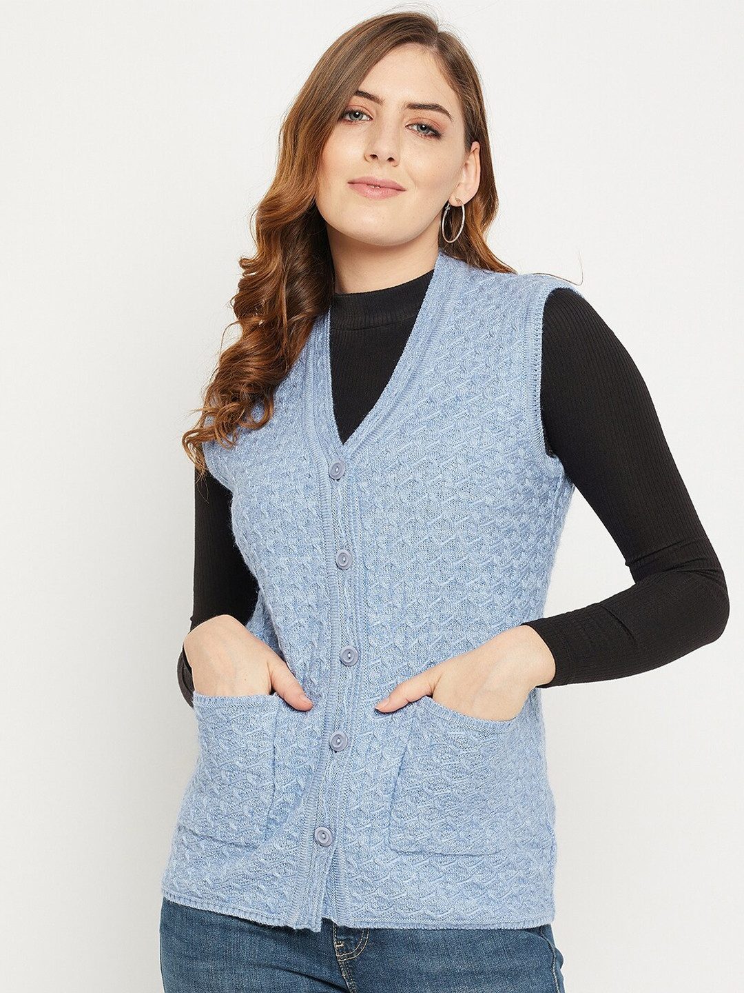 

Zigo Women Blue Self Design Cable Knit Wool Cardigan Sweater