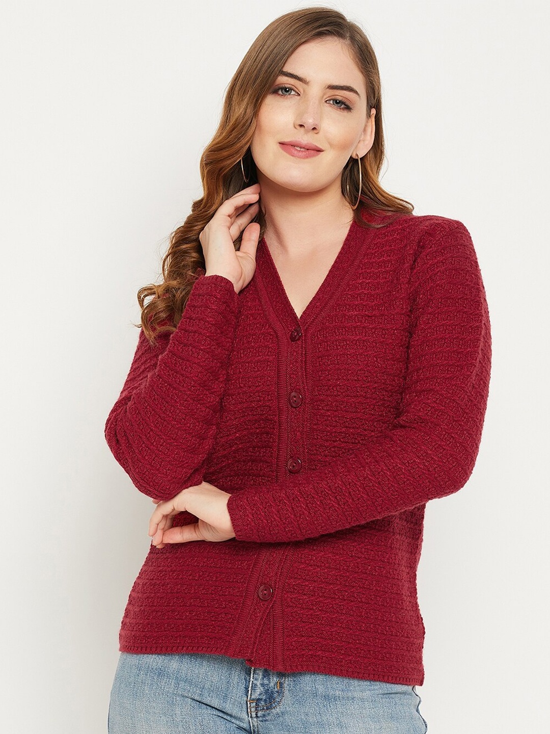 

Zigo Women Maroon Self Design Cable Knit Wool Cardigan Sweater
