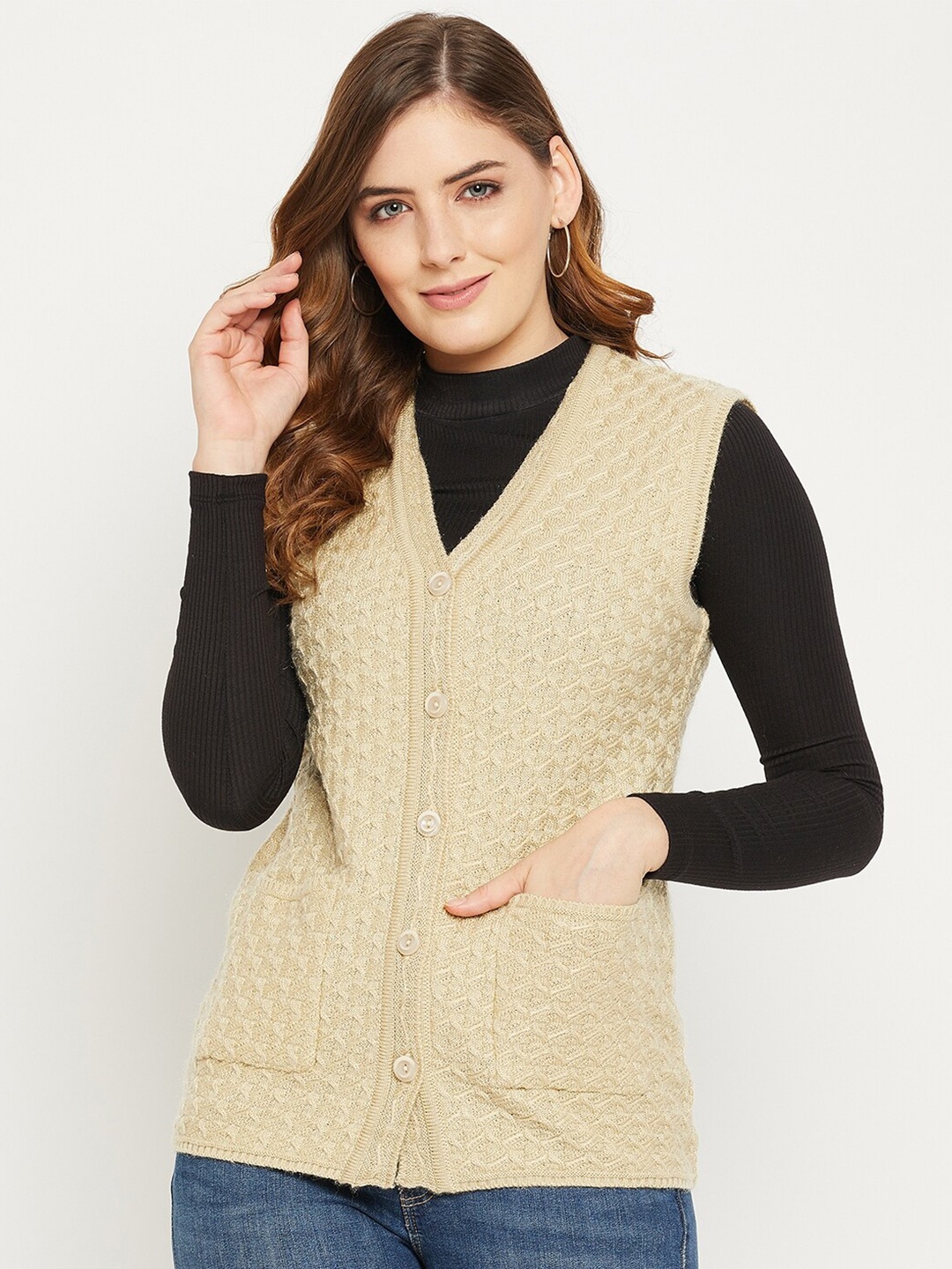 

Zigo Women Beige Self Design Cable Knit Wool Cardigan Sweater
