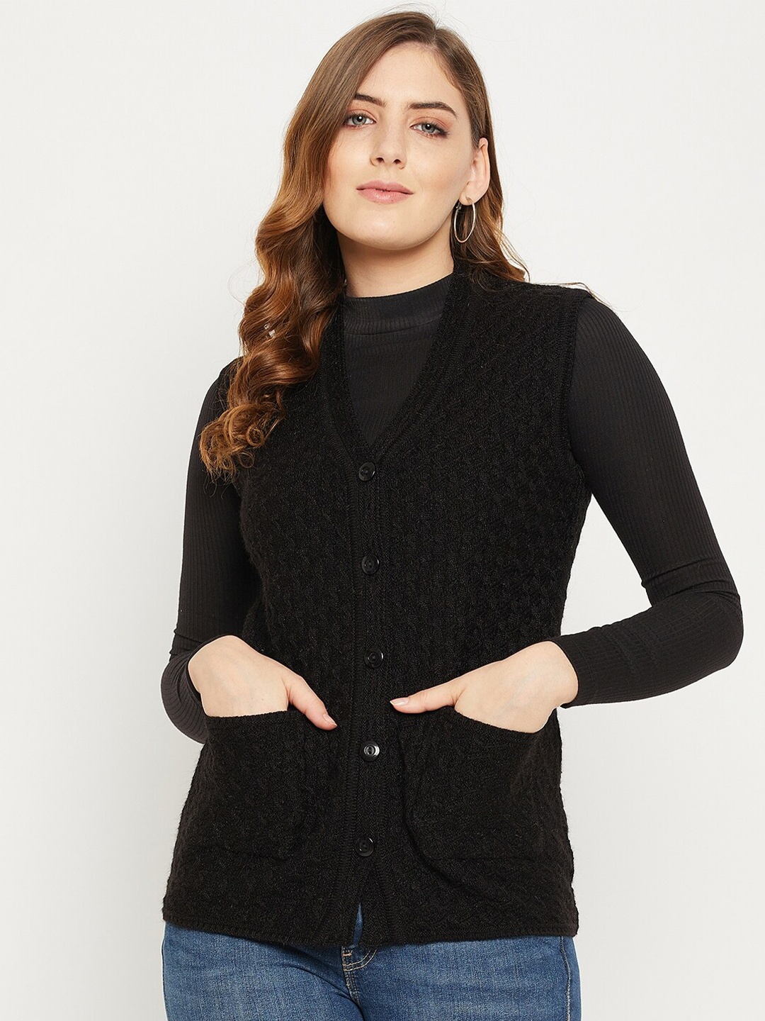 

Zigo Women Black Self Design Cable Knit Wool Cardigan Sweater