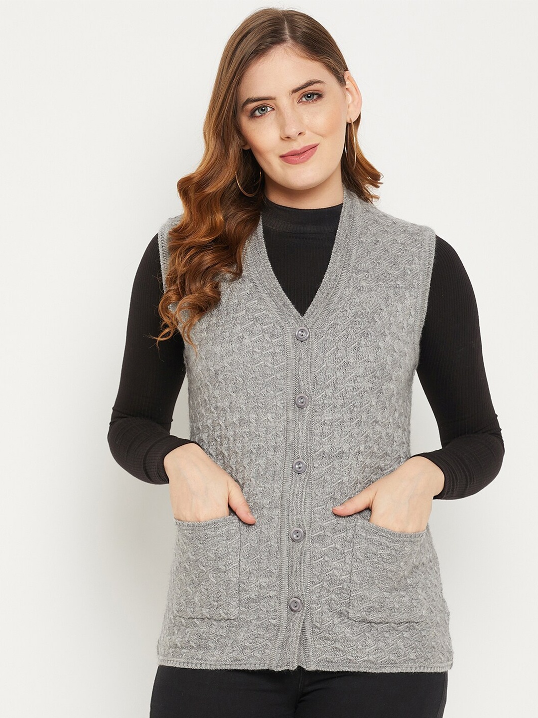 

Zigo Women Grey Self Design Cable Knit Wool Cardigan Sweater