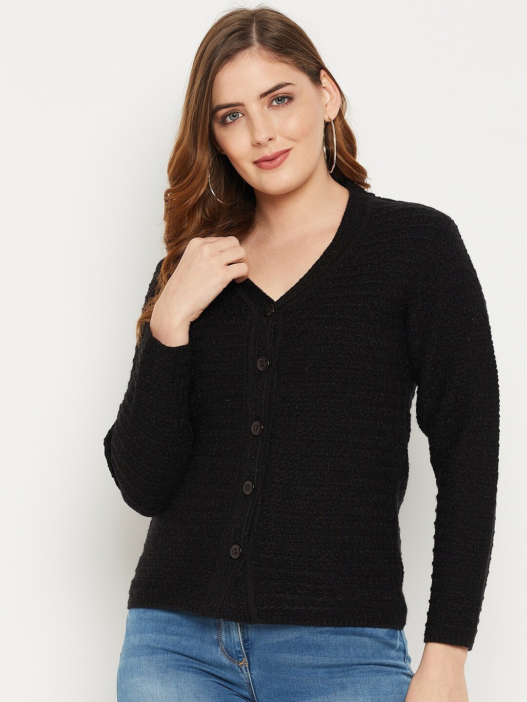 

Zigo Women Black Self Design Cable Knit Wool Cardigan Sweater