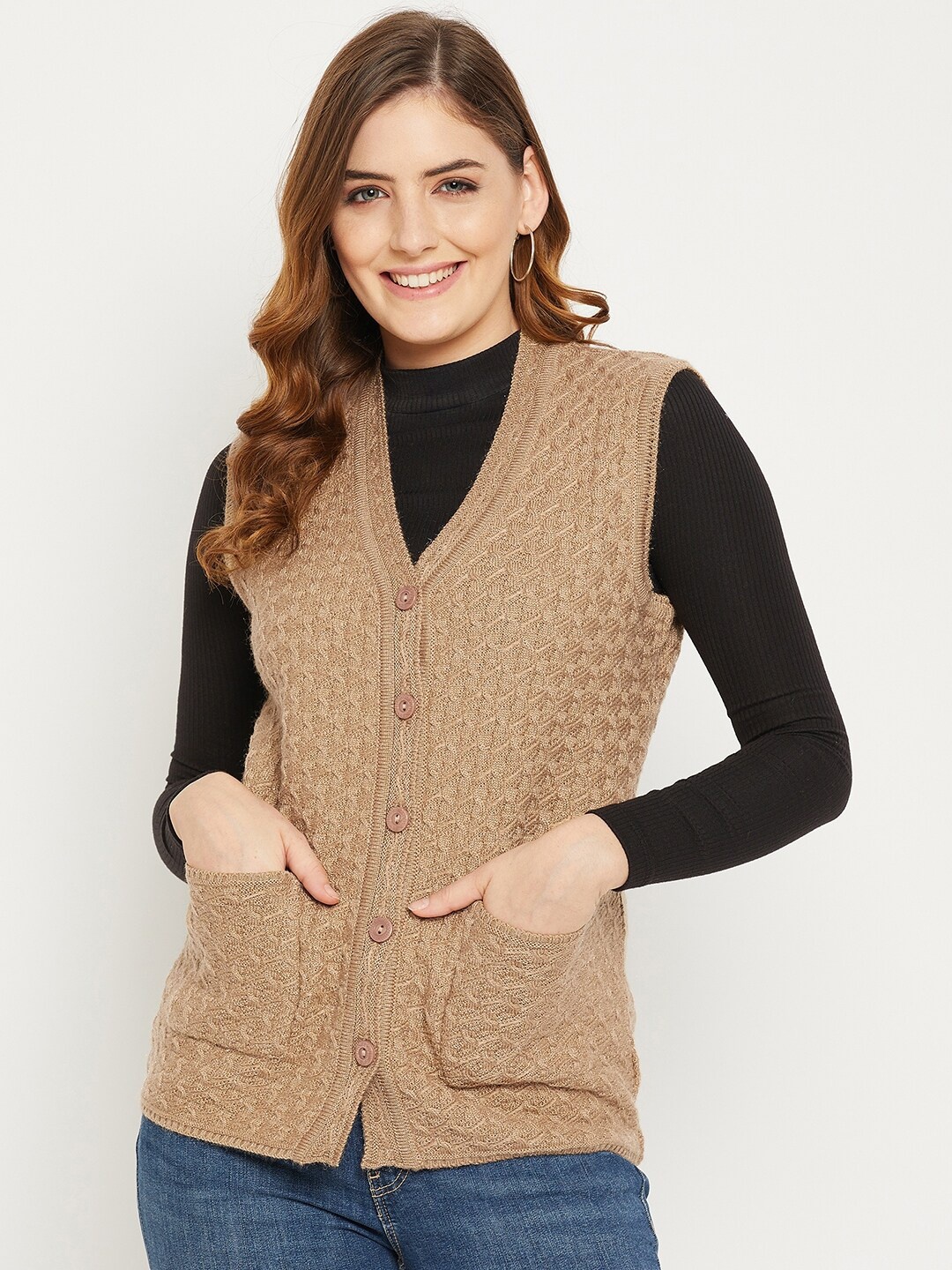 

Zigo Women Brown Self Design Cable Knit Wool Cardigan Sweater