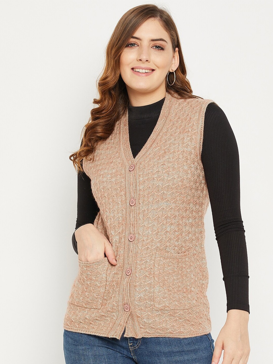 

Zigo Women Mauve Self Design Cable Knit Wool Cardigan Sweater