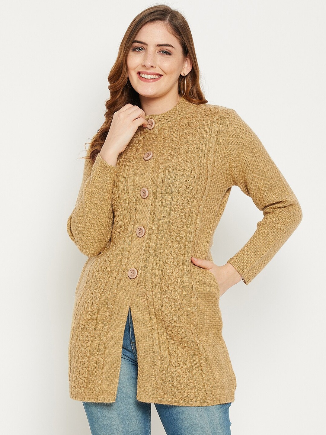 

Zigo Women Camel Brown Cable Knit Wool Longline Cardigan Sweater