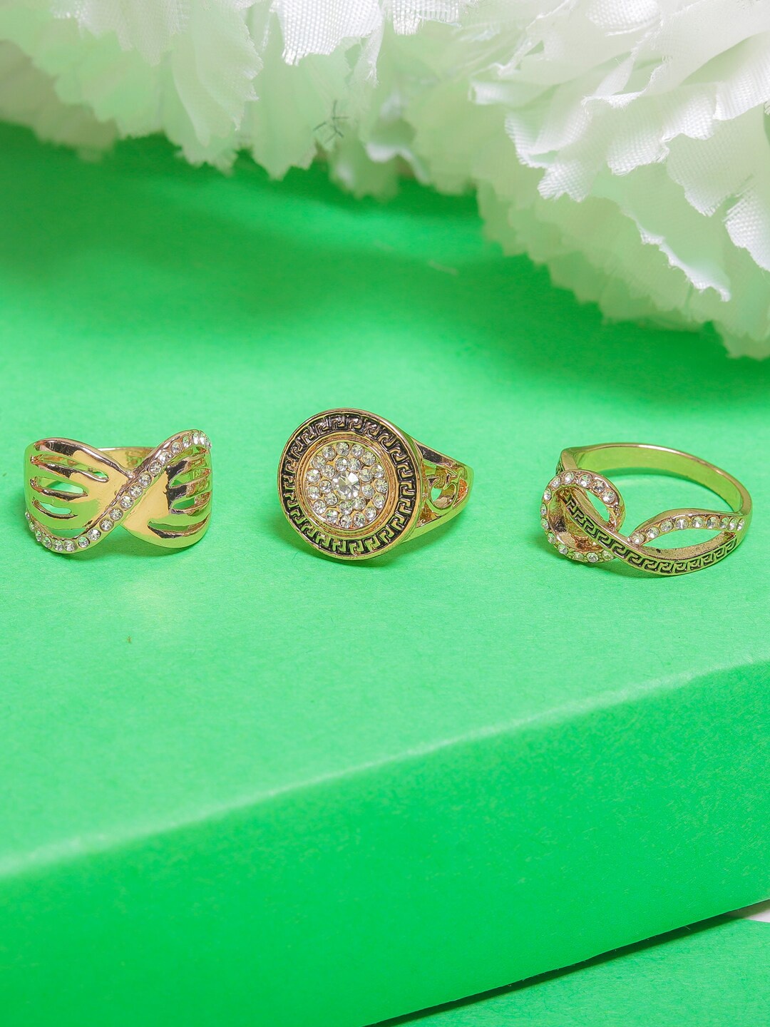 

DIVA WALK EXCLUSIVE Women Set Of 3 Gold-Plated CZ-Studded Finger Ring