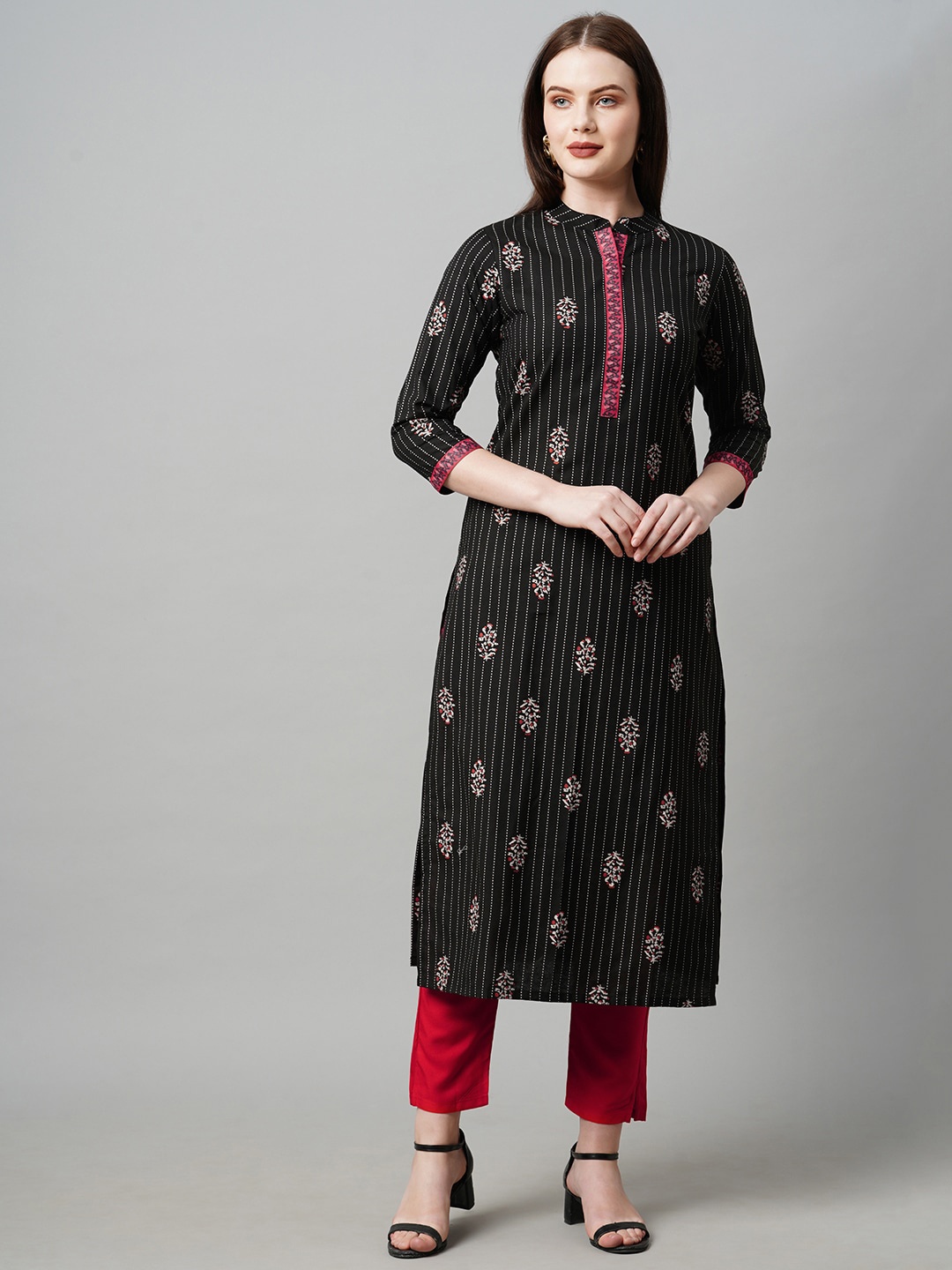 

KALINI Printed Cotton Straight Kurta, Black