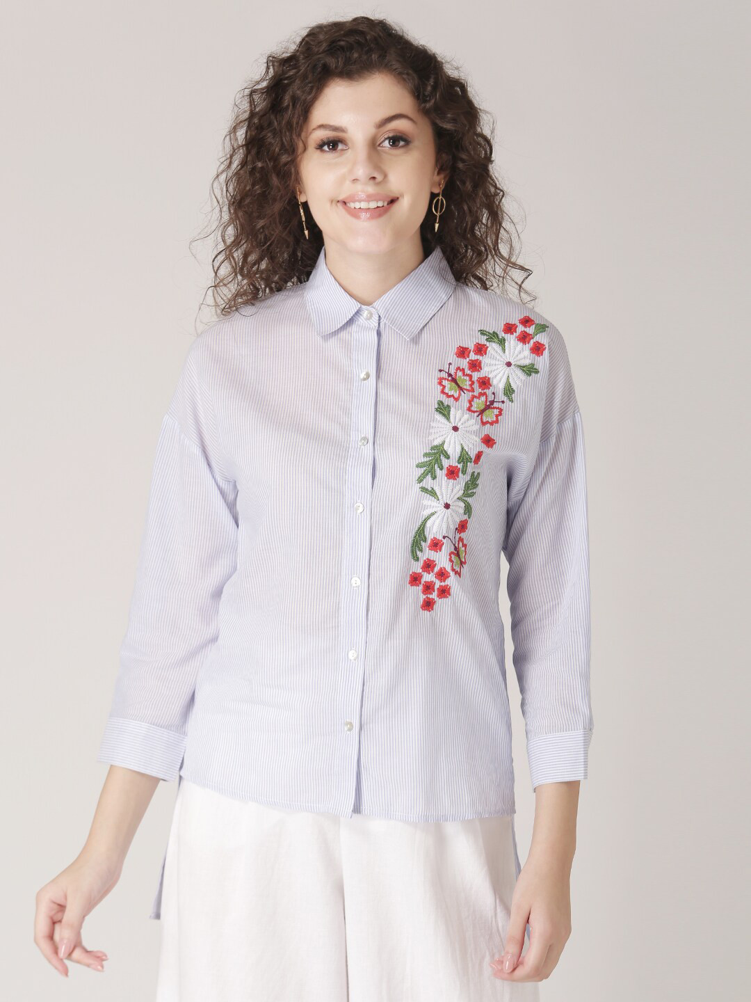 

DIVA WALK EXCLUSIVE Women Striped Embroidered Cotton Shirt, Blue