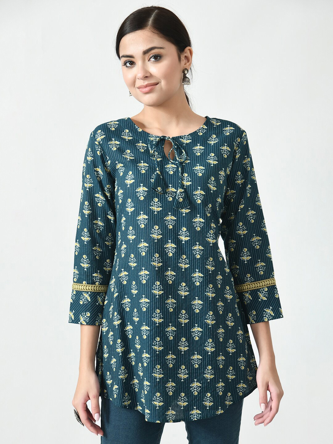

MEESAN Blue Floral Printed Pure Cotton Kurti