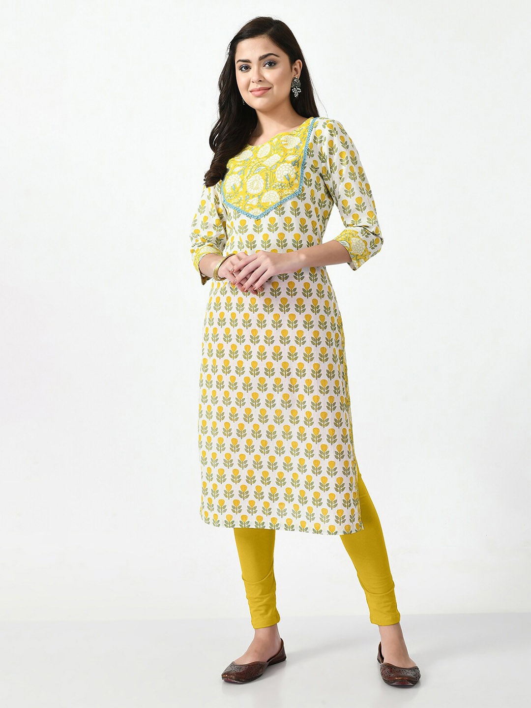 

MEESAN Floral Printed Cotton Kurta, Yellow