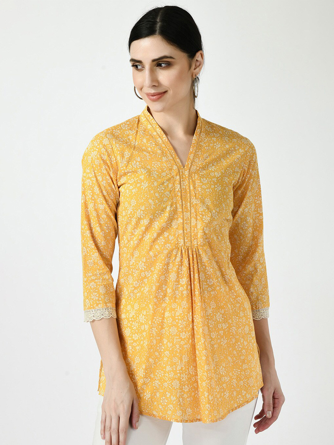

MEESAN Yellow Floral Print Longline Pure Cotton Ethnic Top