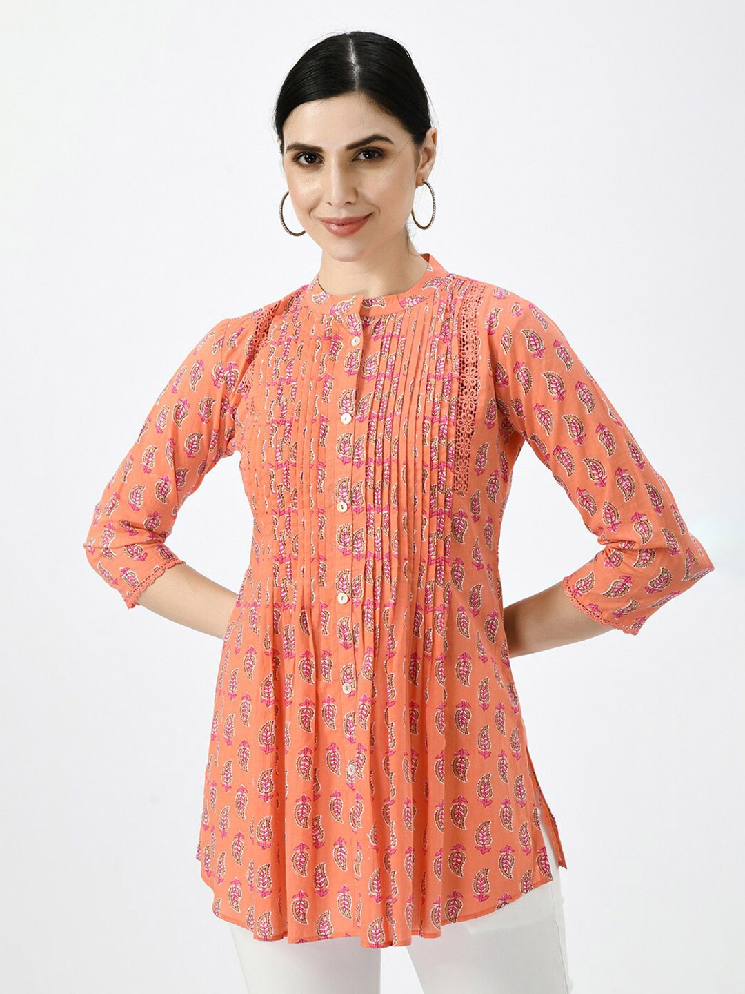 

MEESAN Orange Print Mandarin Collar Longline Pure Cotton Ethnic Top