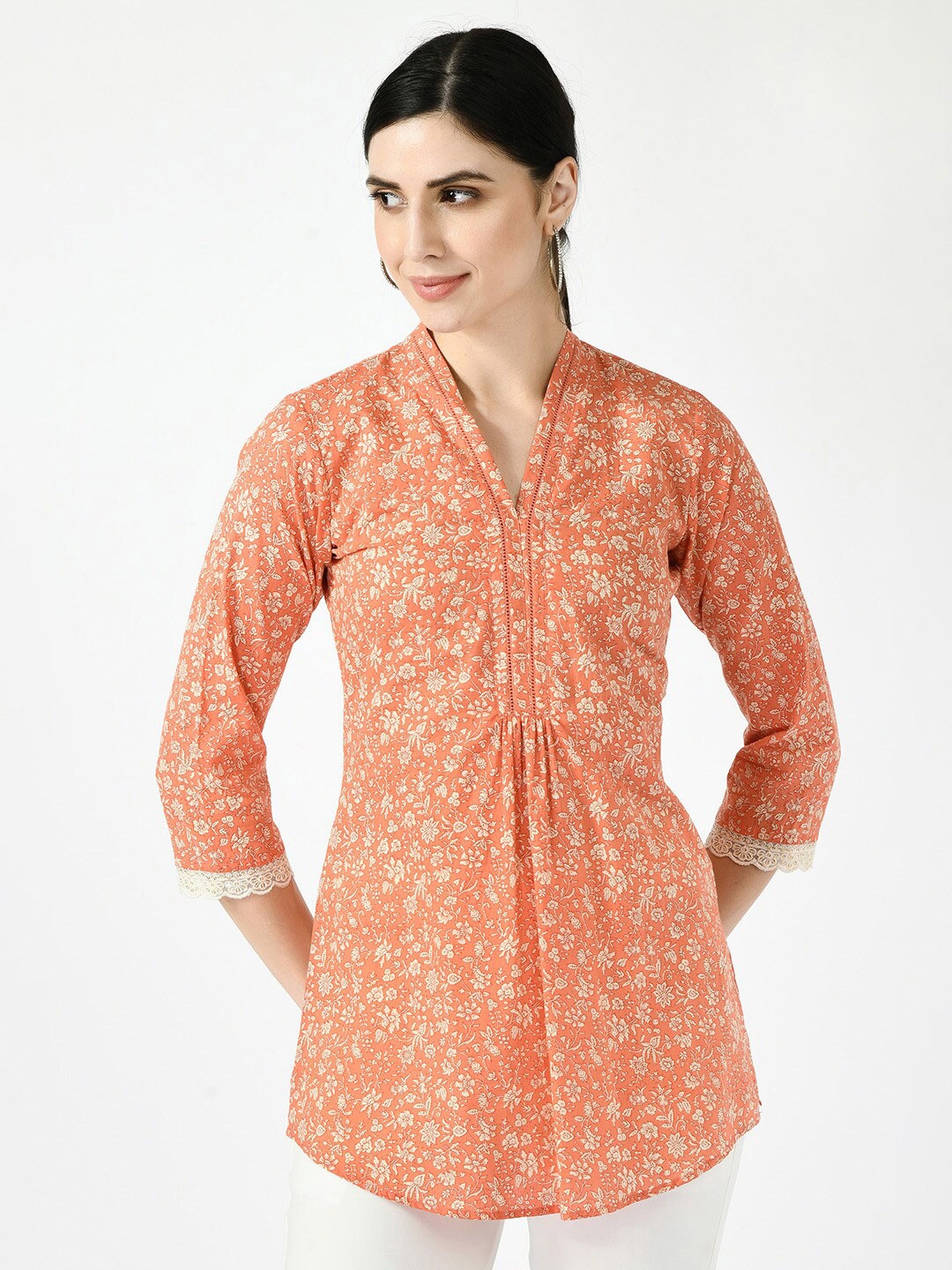 

MEESAN Orange Floral Print Longline Pure Cotton Ethnic Top