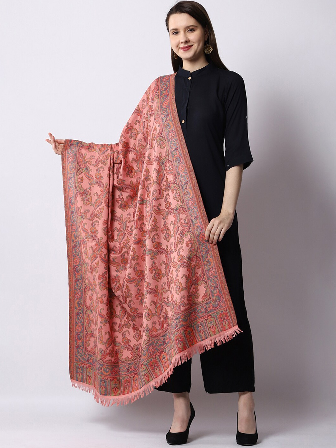 

WEAVERS VILLA Women Peach-Coloured & Orange Ethnic Motifs Woven Design Shawl