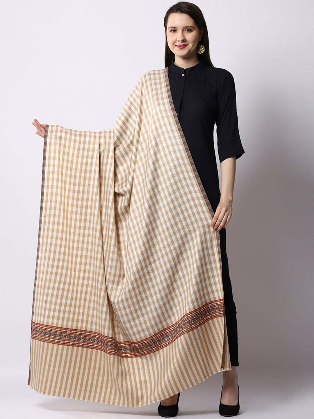 

WEAVERS VILLA Women White & Beige Checked Shawl