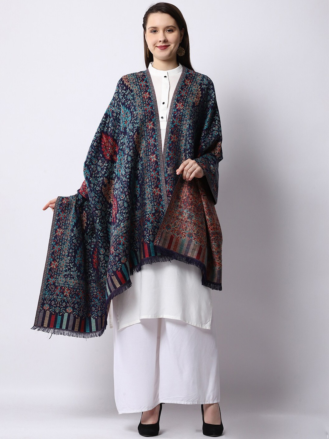 

WEAVERS VILLA Women Navy Blue & Red Floral Woven Design Shawl