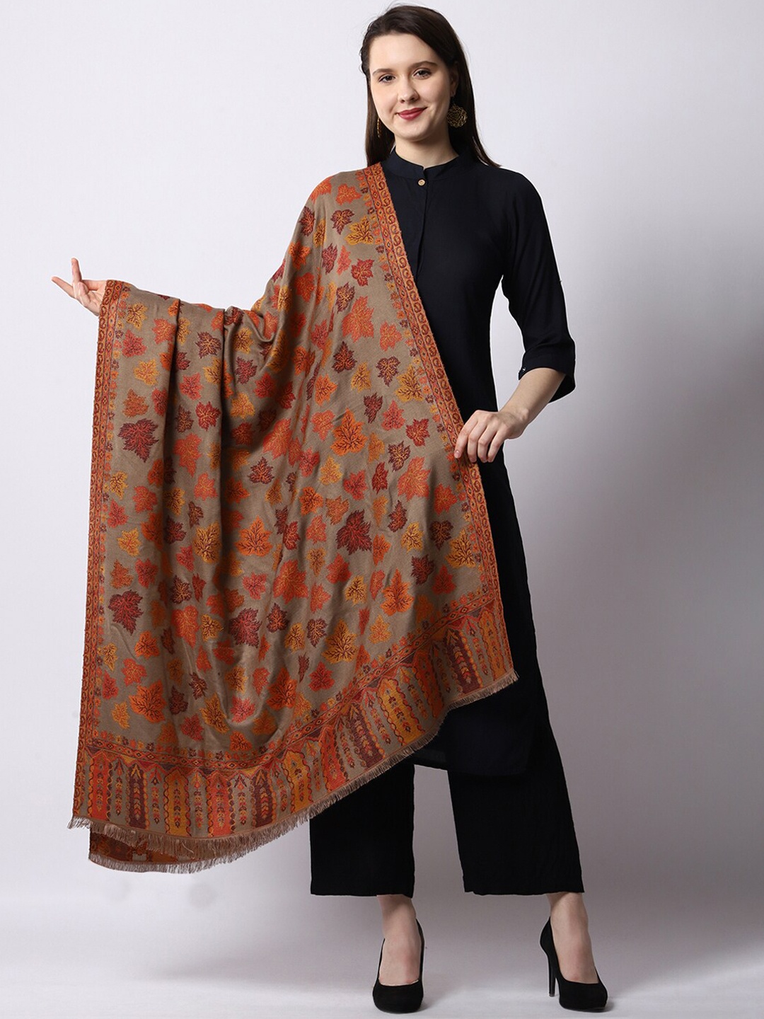 

WEAVERS VILLA Women Beige & Orange Floral Woven Design Shawl