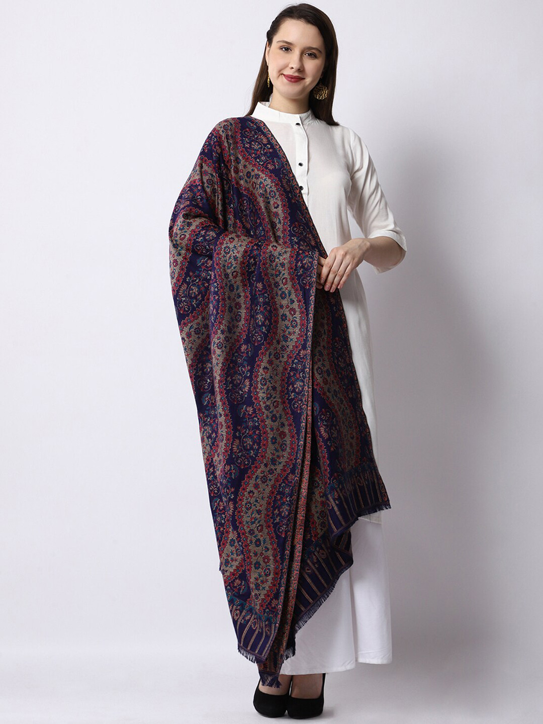 

WEAVERS VILLA Women Navy Blue & Red Woven Design Shawl