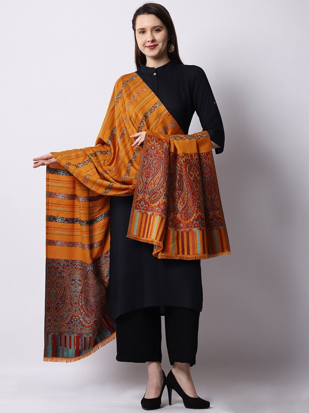 

WEAVERS VILLA Women Mustard Yellow & Orange Paisley Woven Design Shawl