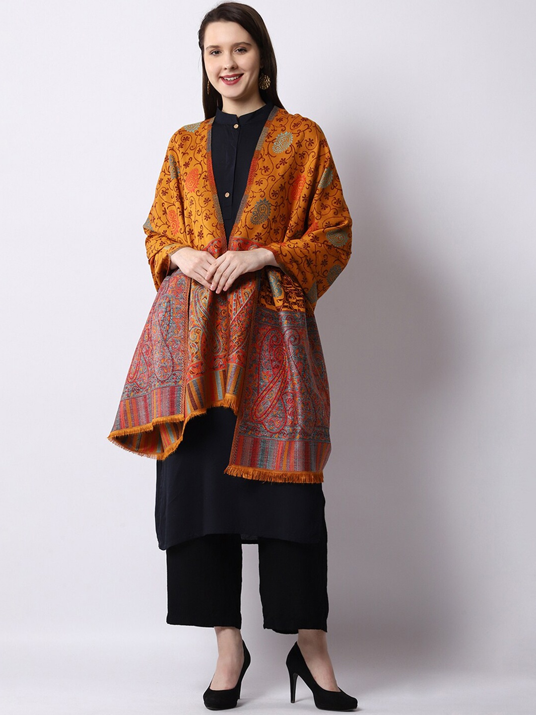 

WEAVERS VILLA Women Mustard-Coloured Woven-Design Shawl