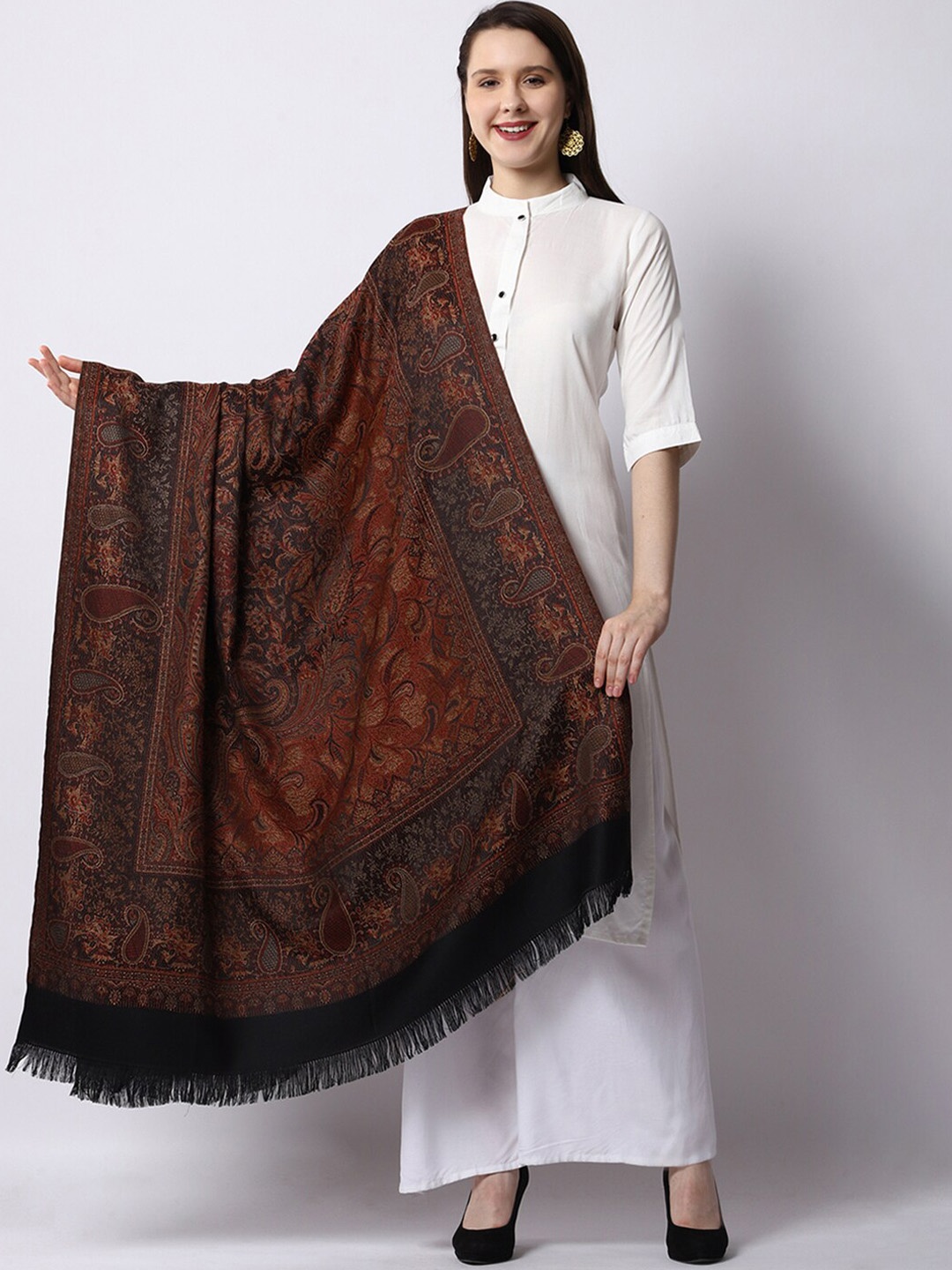 

WEAVERS VILLA Women Black & Maroon Paisley Woven Design Shawl