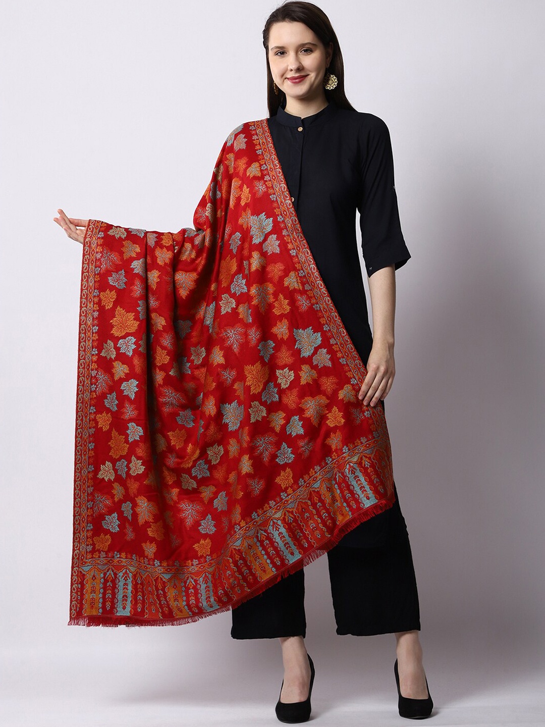 

WEAVERS VILLA Women Red & Blue Floral Woven Design Shawl