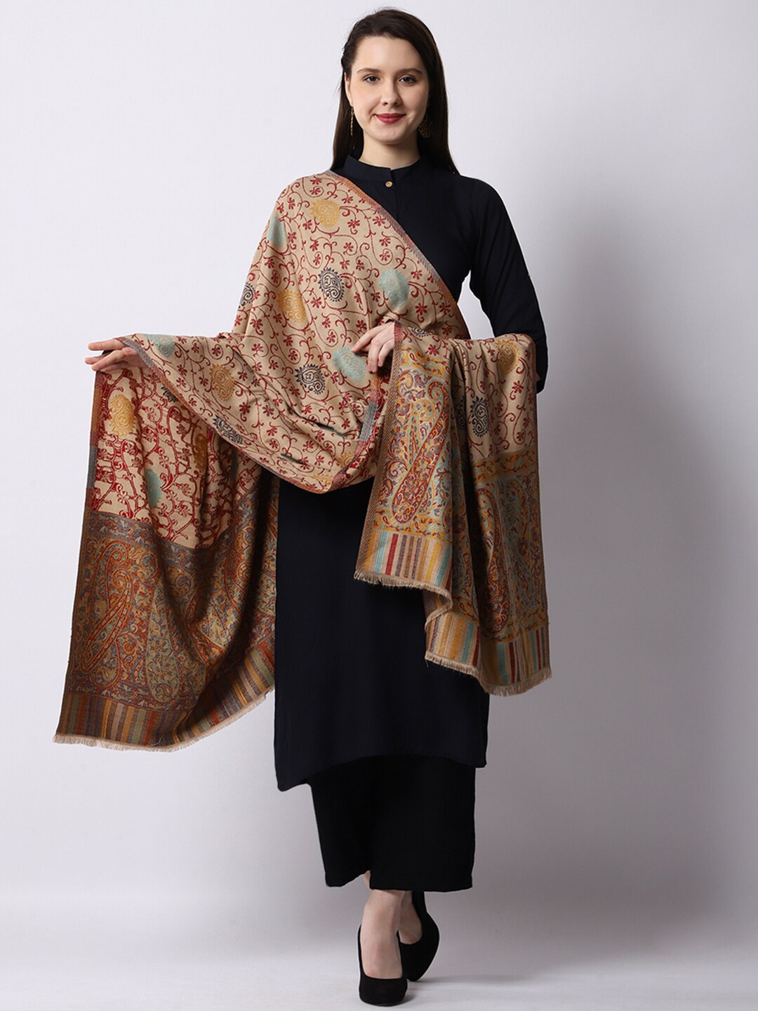 

WEAVERS VILLA Women Beige & Blue Paisley Woven Design Shawl