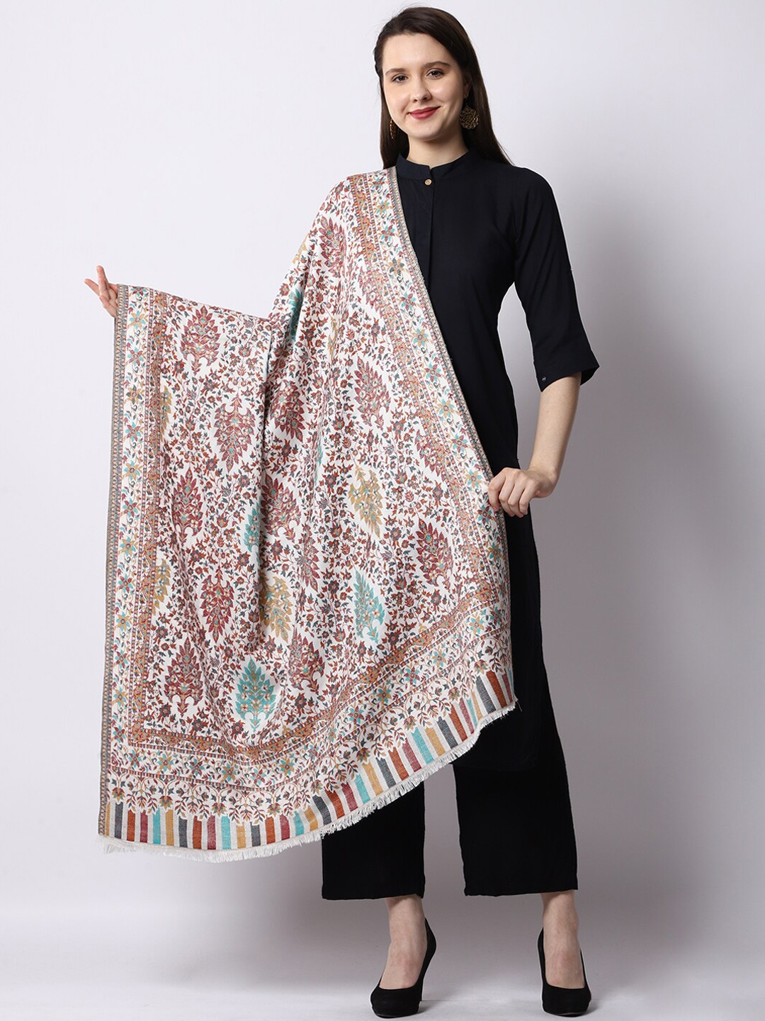 

WEAVERS VILLA Women White & Maroon Woven Design Shawl