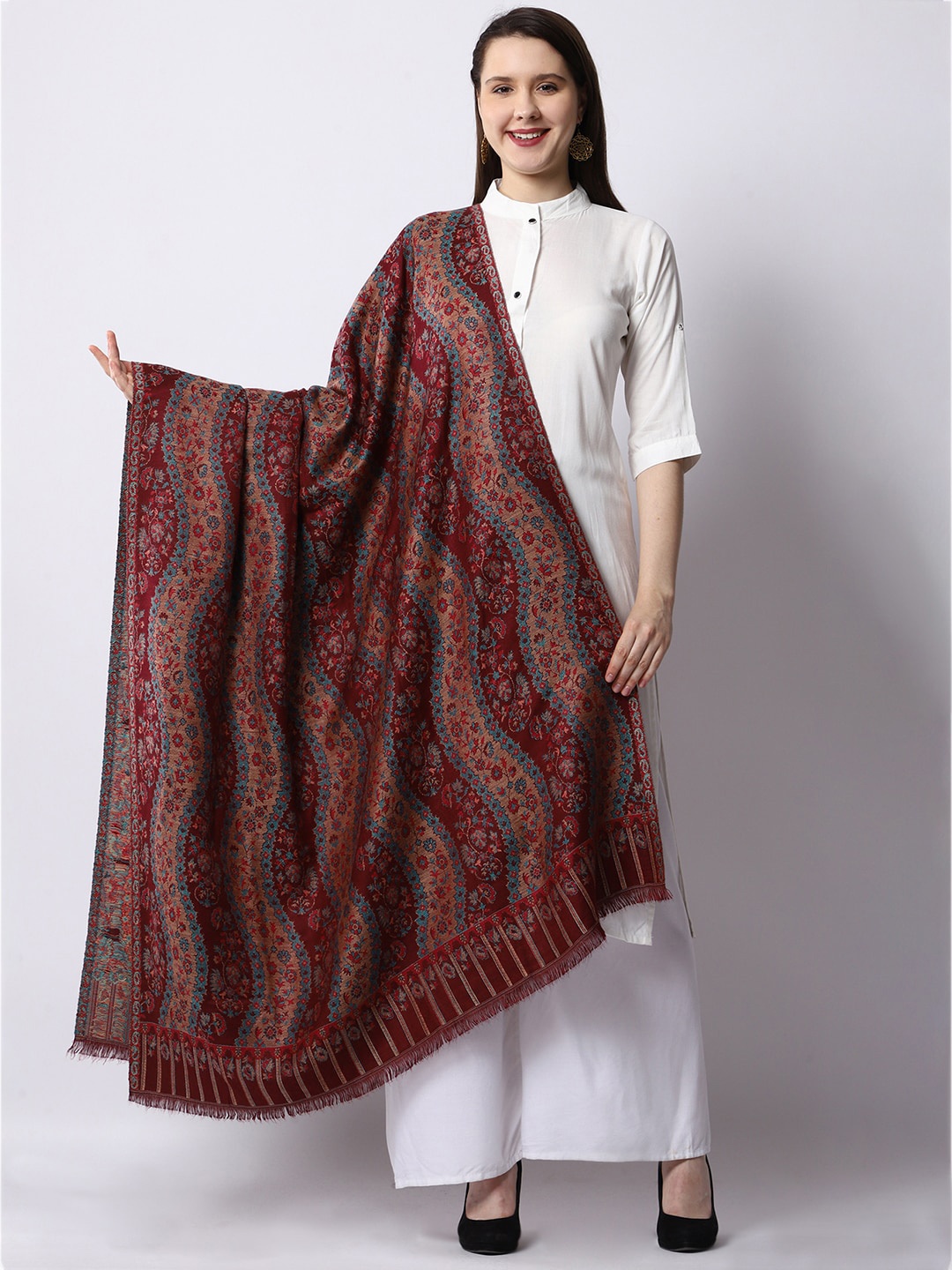 

WEAVERS VILLA Women Maroon & Blue Floral Woven Design Shawl