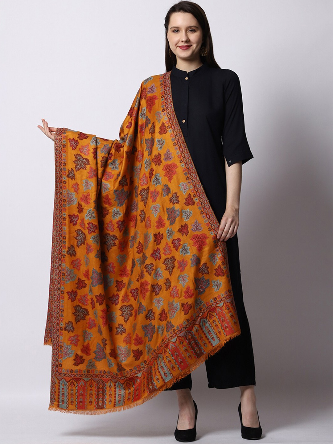 

WEAVERS VILLA Women Mustard Yellow & Orange Floral Woven Design Shawl