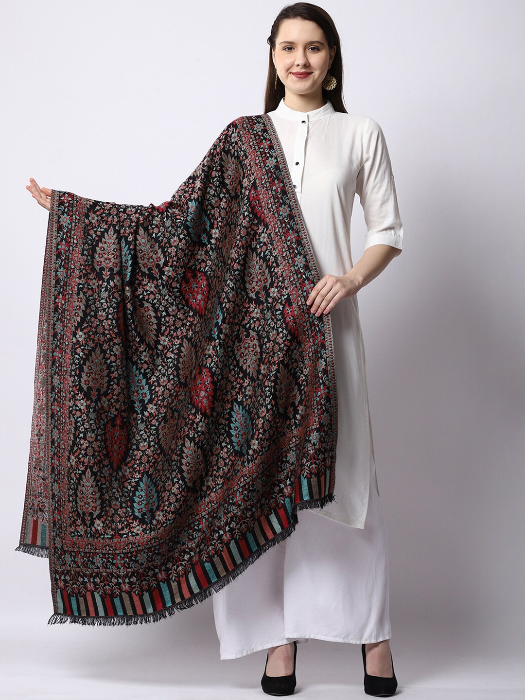 

WEAVERS VILLA Women Black & Blue Floral Woven Design Shawl