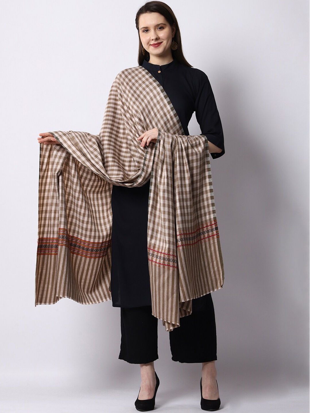 

WEAVERS VILLA Women Brown & Beige Checked Woven Design Shawl