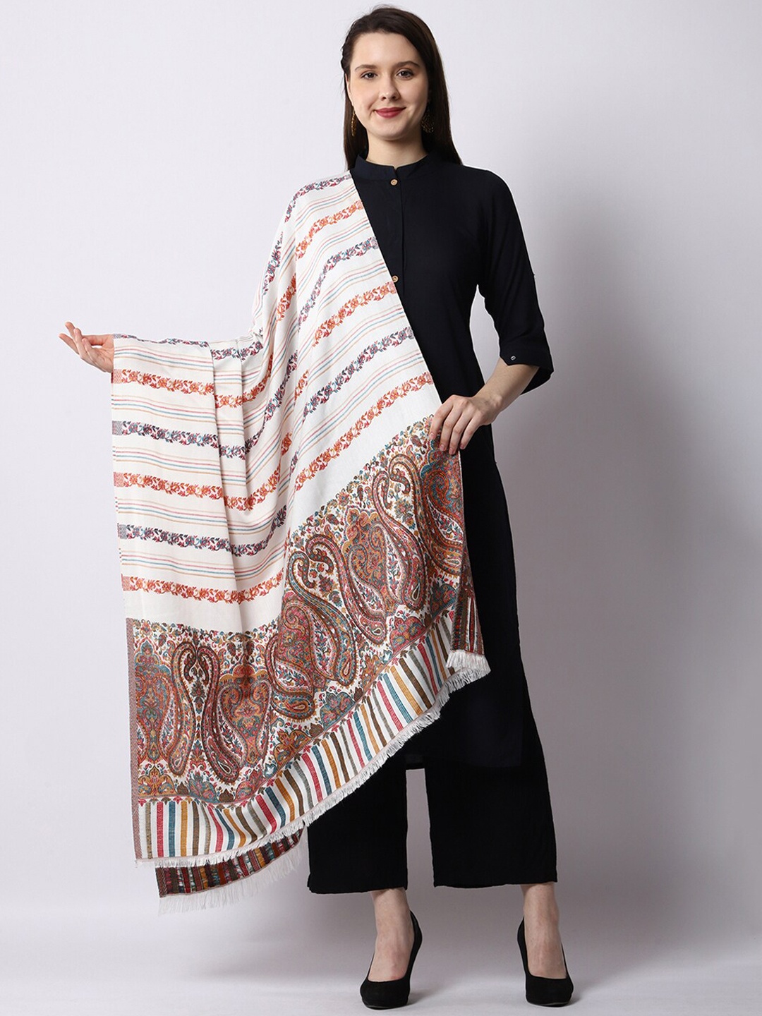 

WEAVERS VILLA Women White & Red Paisley Woven Design Shawl