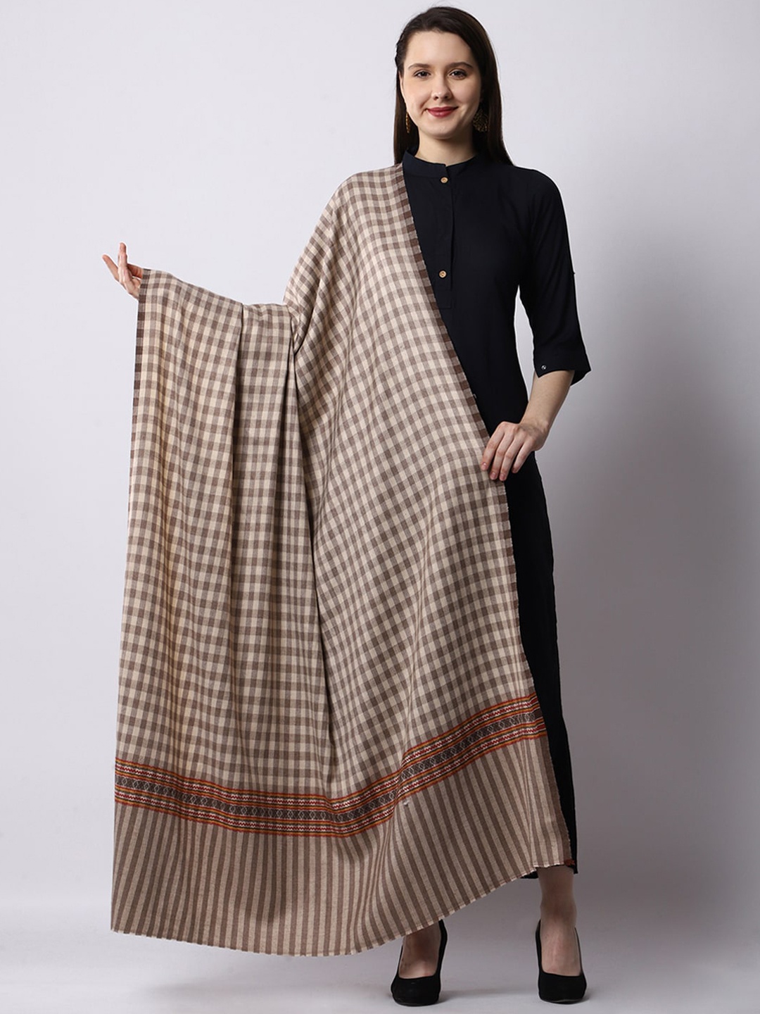 

WEAVERS VILLA Women Brown & Beige Checks Woven Design Shawl