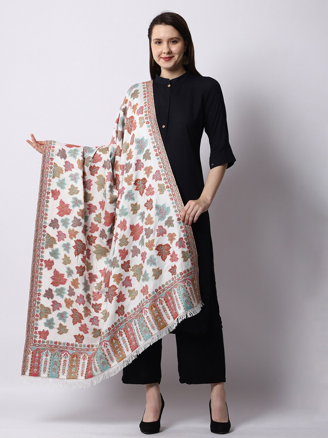 

WEAVERS VILLA Women White & Red Floral Woven Design Shawl