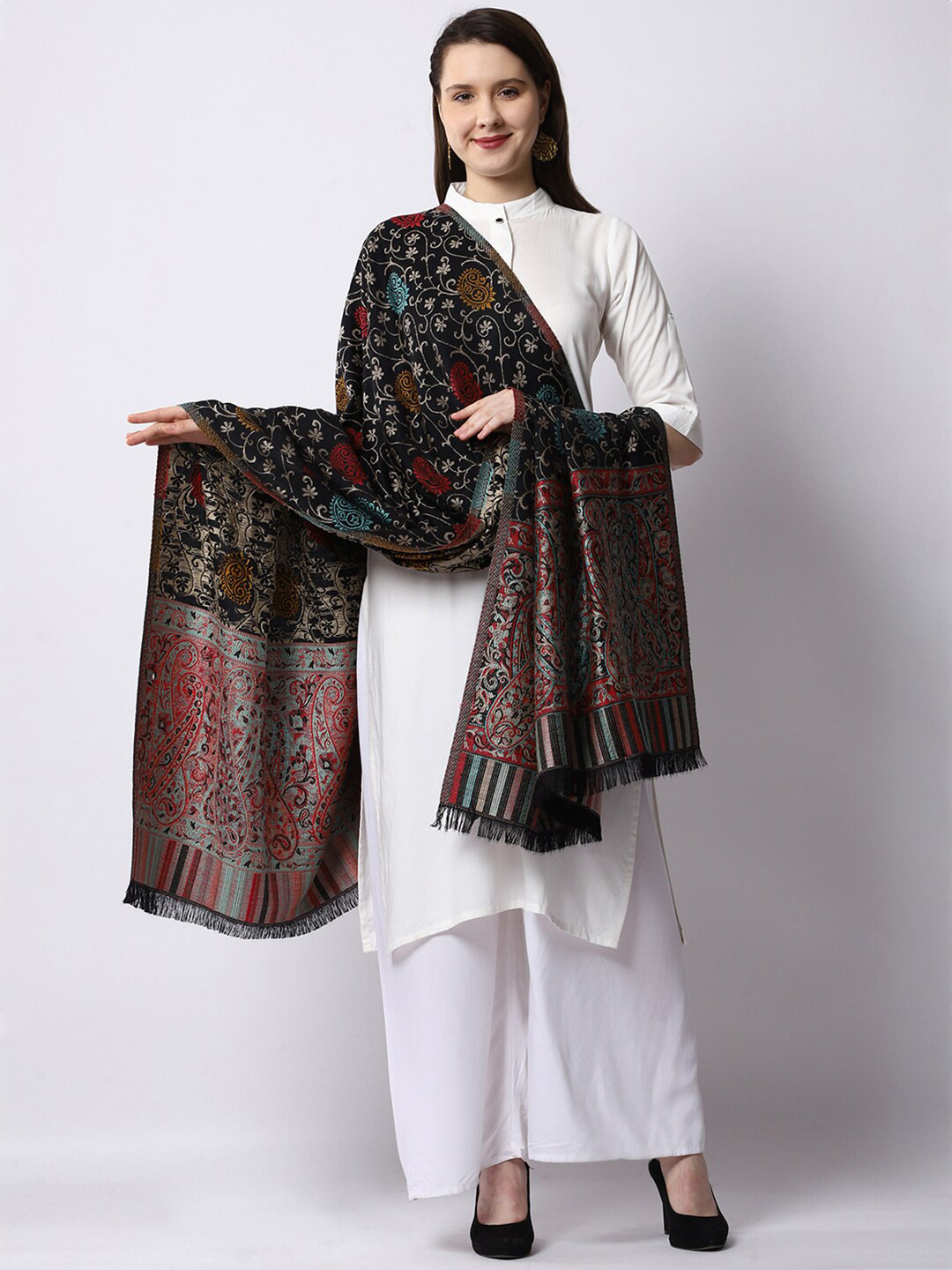

WEAVERS VILLA Women Black & Red Paisley Woven Design Shawl