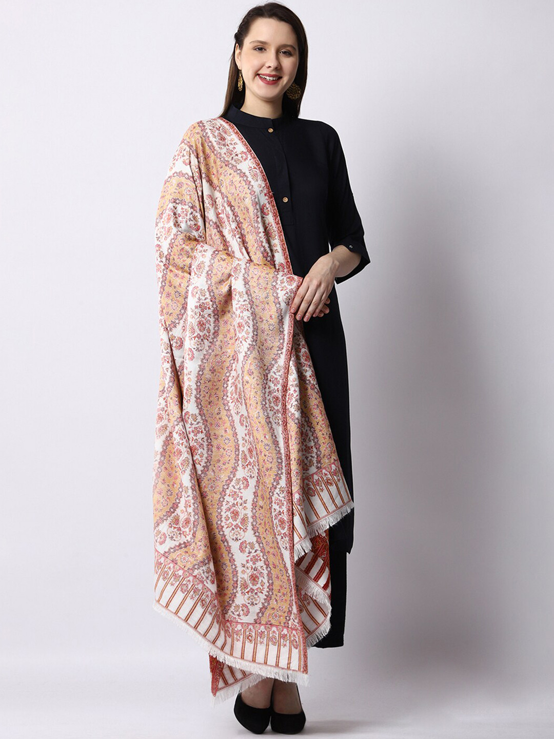 

WEAVERS VILLA Women White & Red Floral Woven Design Shawl