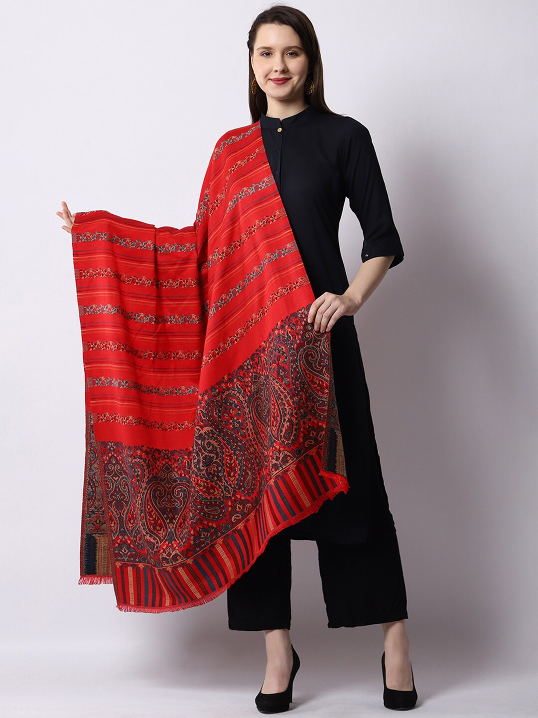 

WEAVERS VILLA Women Red & Blue Paisley Woven Design Shawl