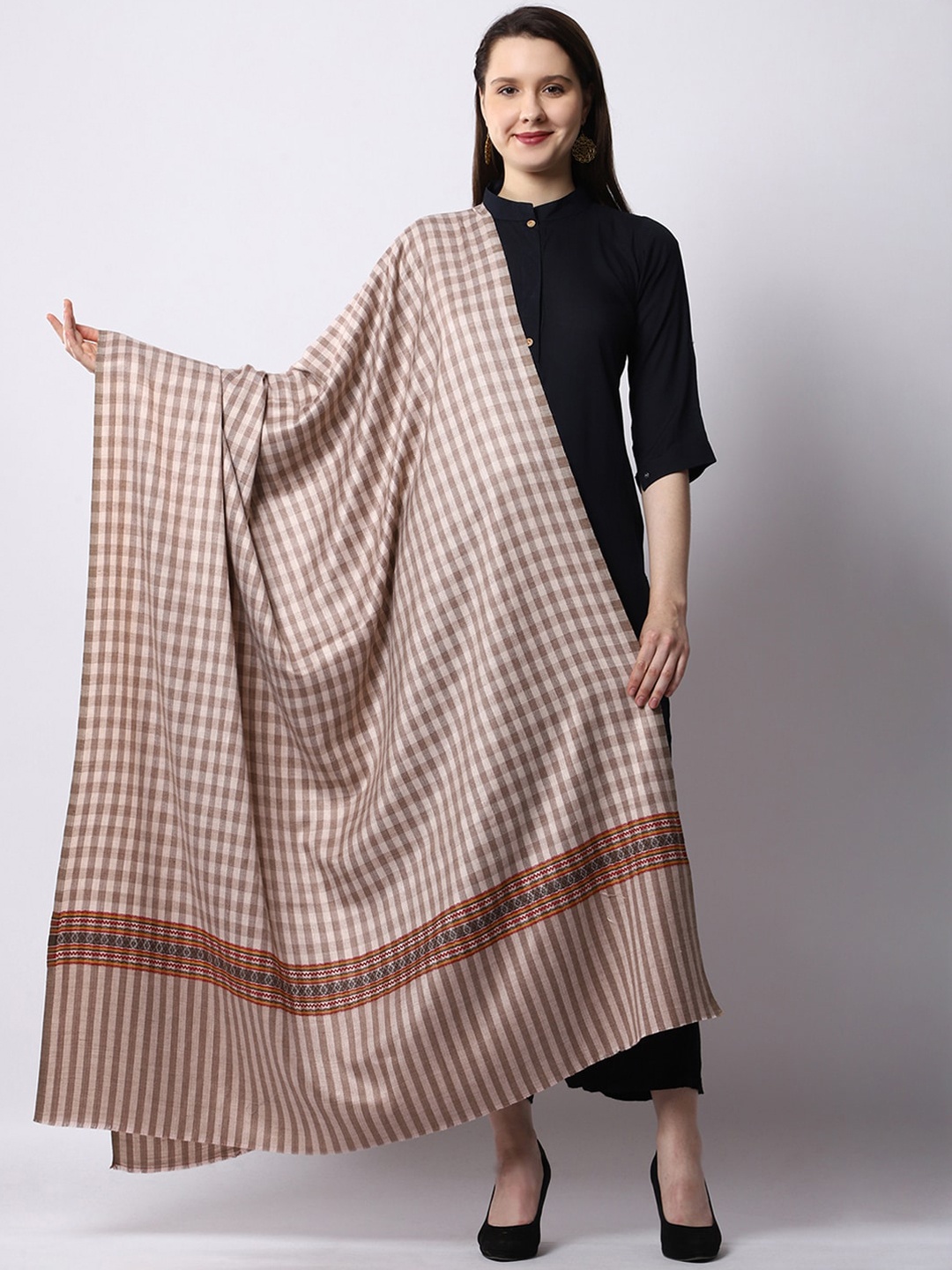 

WEAVERS VILLA Women Rust & Beige Checked Woven Design Shawl