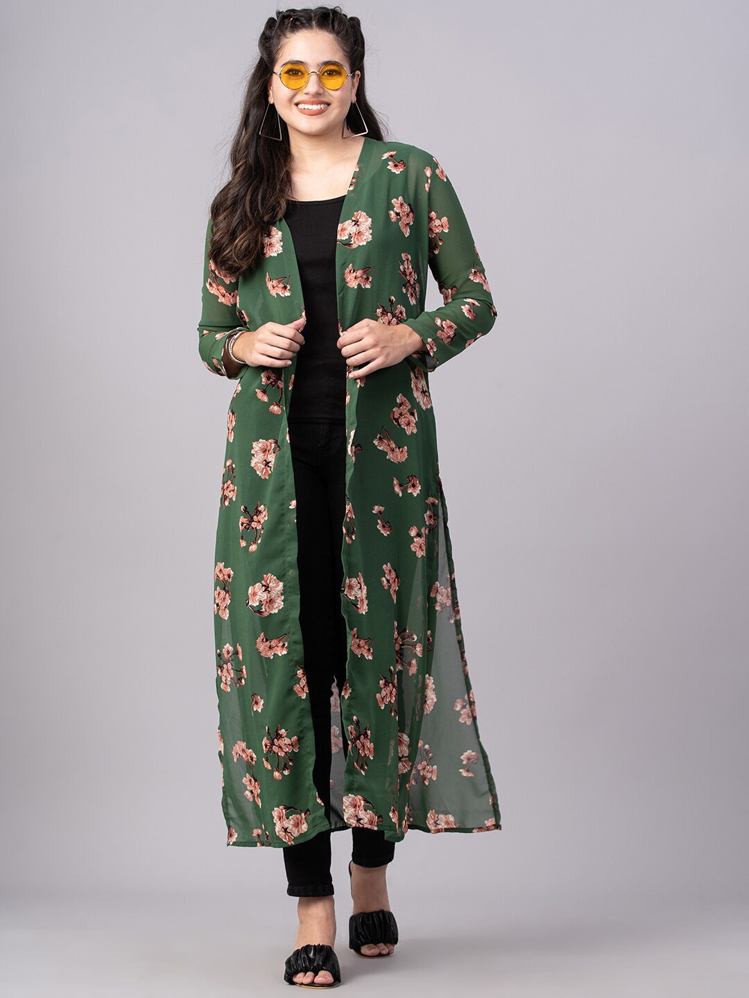 

DIVA WALK EXCLUSIVE Women Green & Pink Floral Printed Longline Shrug