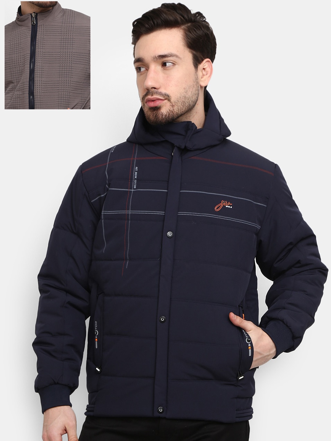 

V-Mart Men Brown Reversible Outdoor Bomber Jacket, Navy blue